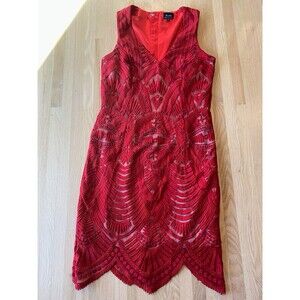 Bardot 8/M Red Cocktail Dress Embroidered Mesh, Lace Illusion, Fitted